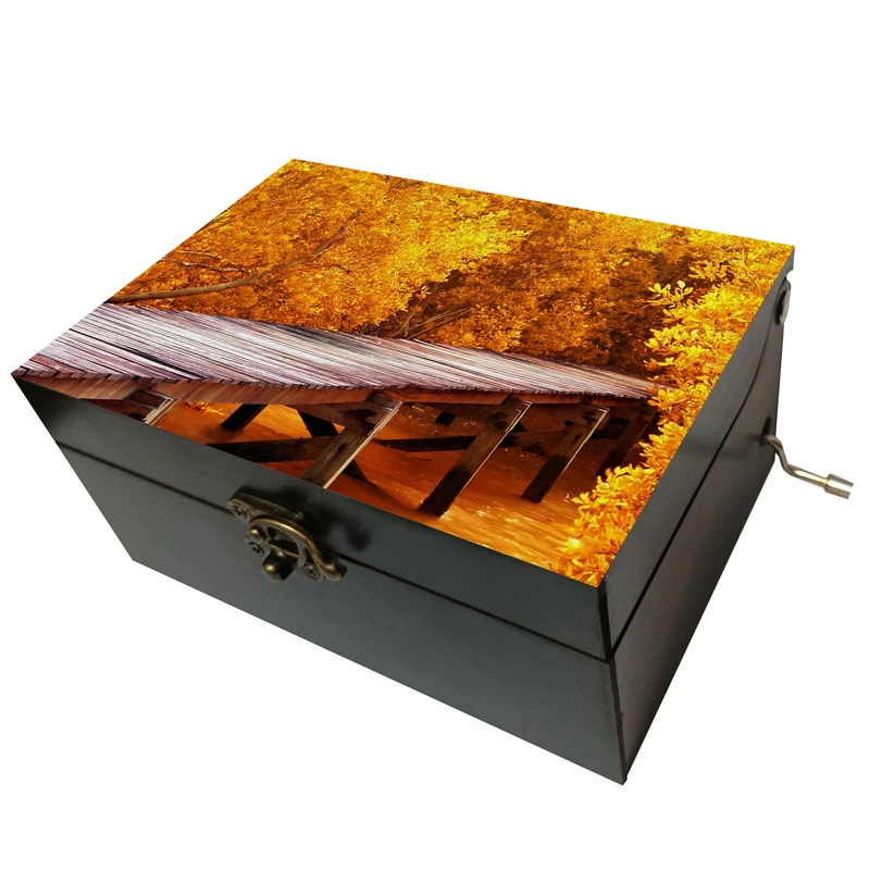 جعبه موزیکال مدل هندلی طرح نقاشی منظره پاییز و پل رودخانه و درخت کد T1095