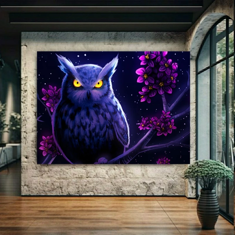 تابلو بوم طرح جغد بنفش نشسته بر درخت کد FP2038