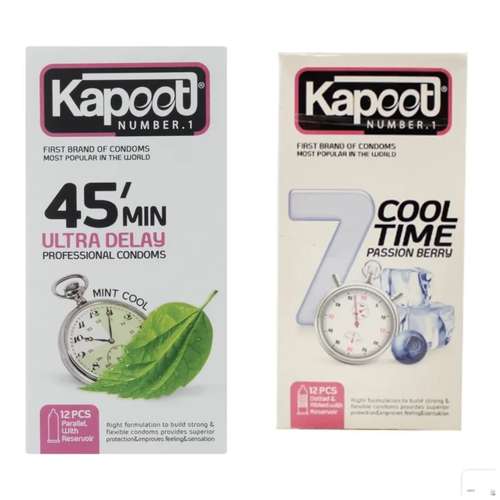 کاندوم تاخیری کاپوت مدل 45min بسته 12 عددی به همراه کاندوم خنک کننده کاپوت مدل cool time بسته 12 عددی
