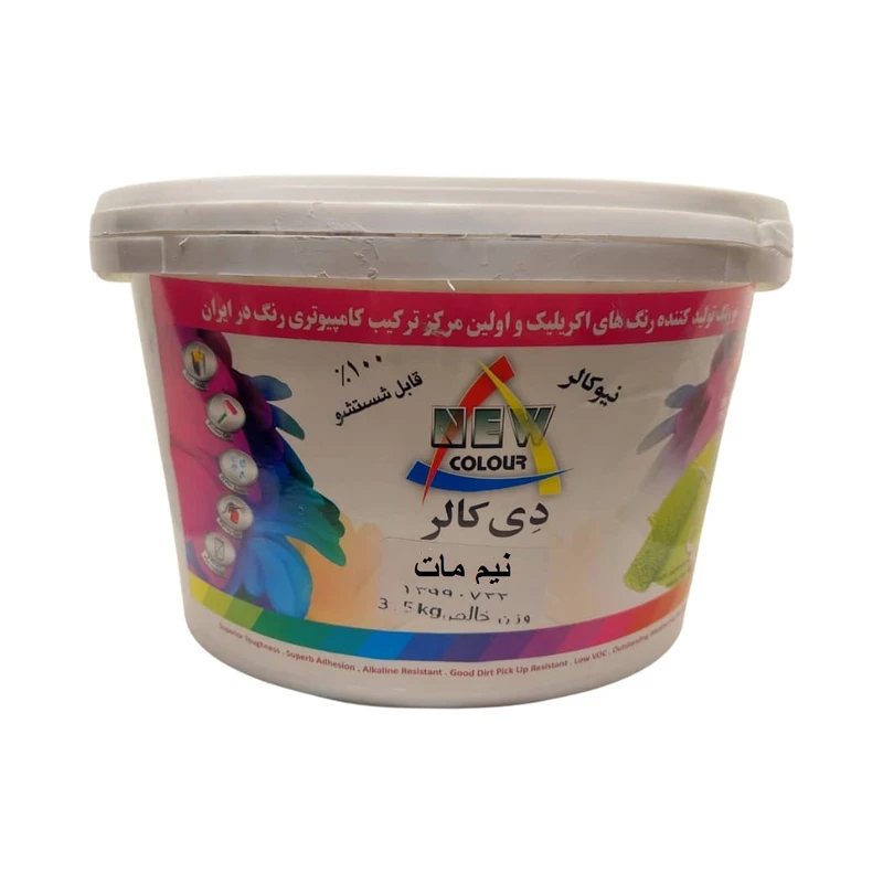 رنگ اکریلیک سفید نیم مات نیو کالر مدل دی کالر وزن 3.5 کیلو گرم 