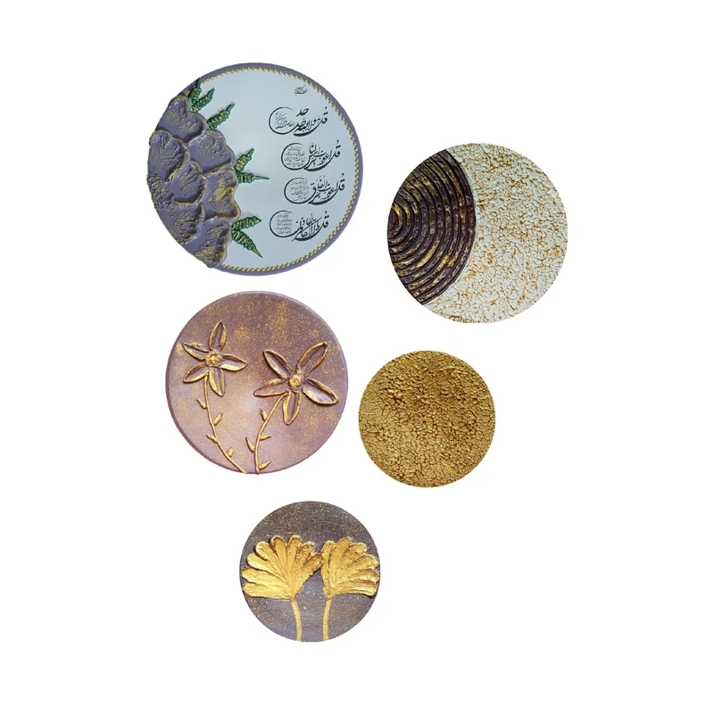 بشقاب دیوارکوب سفالی مدل گل برجسته مجموعه 5 عددی