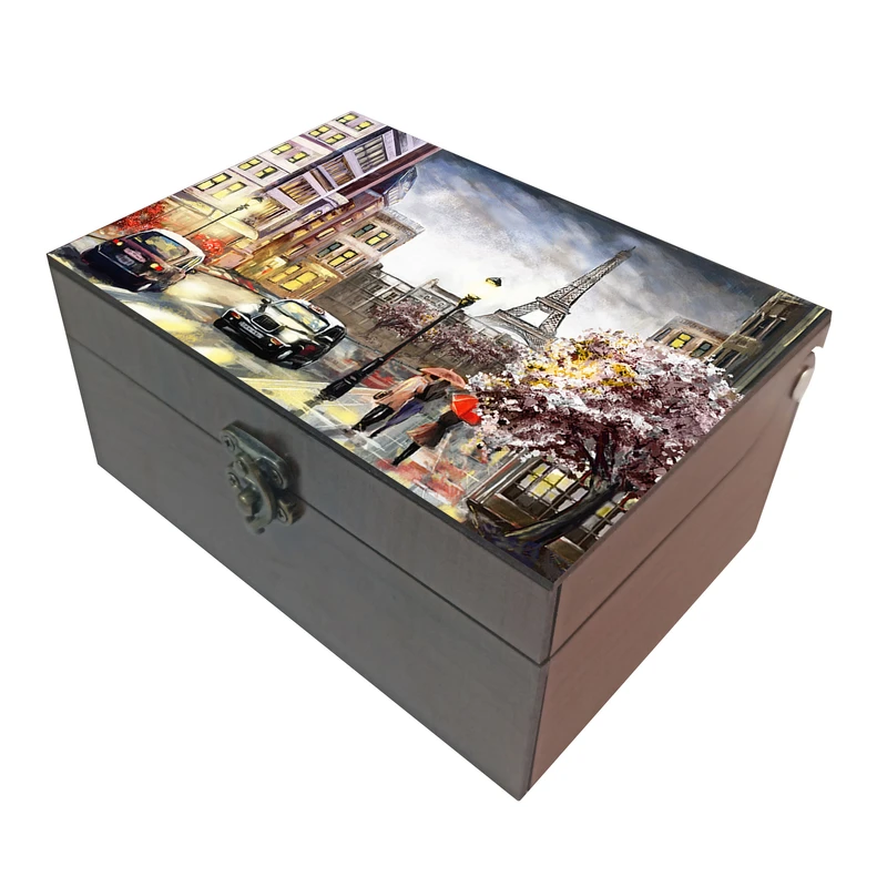 جعبه هدیه چوبی مدل J003 طرح نقاشی خیابان پاریس و برج ایفل