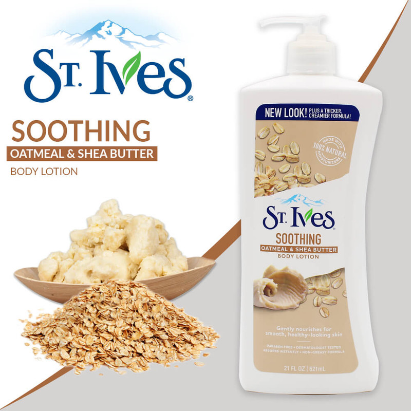 لوسیون بدن تسکین‌دهنده سینت ایوز مدل Soothing حجم 621 میلی‌لیتر، حاوی عصاره جوی دوسر و شی باتر، آبرسان و نرم‌کننده پوست خشک، جذب سریع و فرمول غیرچرب