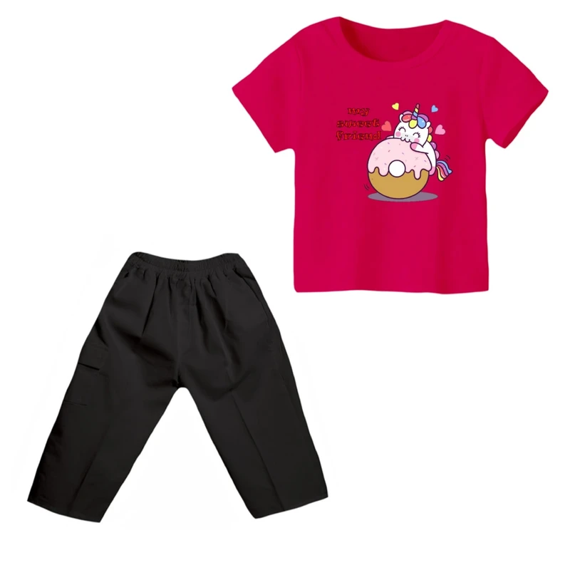 ست تی شرت و شلوارک دخترانه مدل یونیکورن کد ۲ رنگ سرخابی