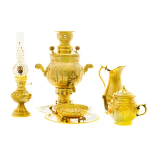 سرویس سماور ذغالی 6 پارچه برنجی مدل عدسی ترک دار کد 4415