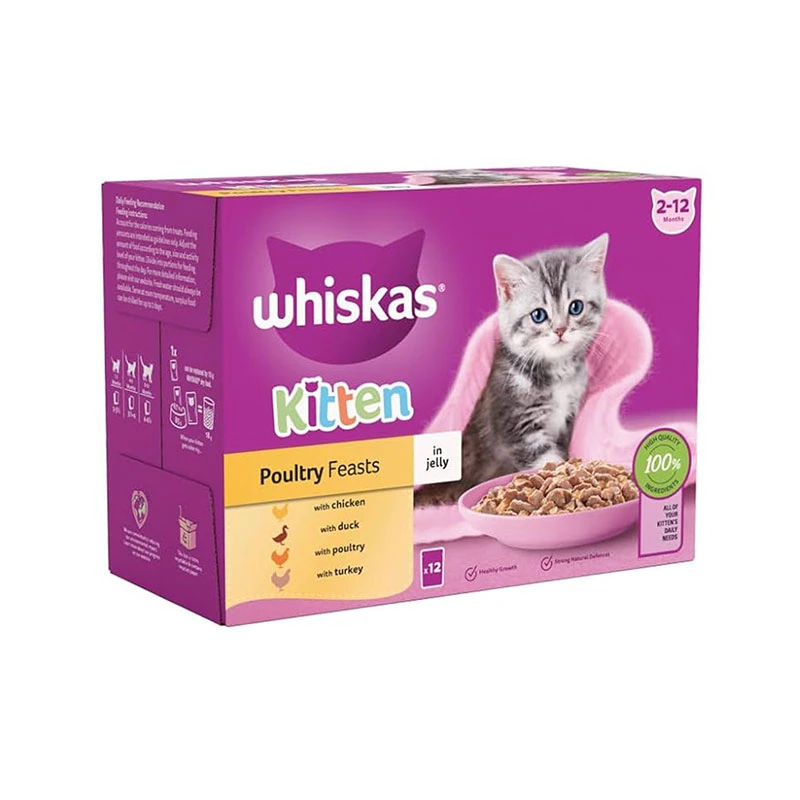 پوچ گربه بالغ ویسکاس مدل Kitten Poultry Feasts in Jelly با طعم میکس گوشت پرندگان وزن 85 گرم بسته 12 عددی