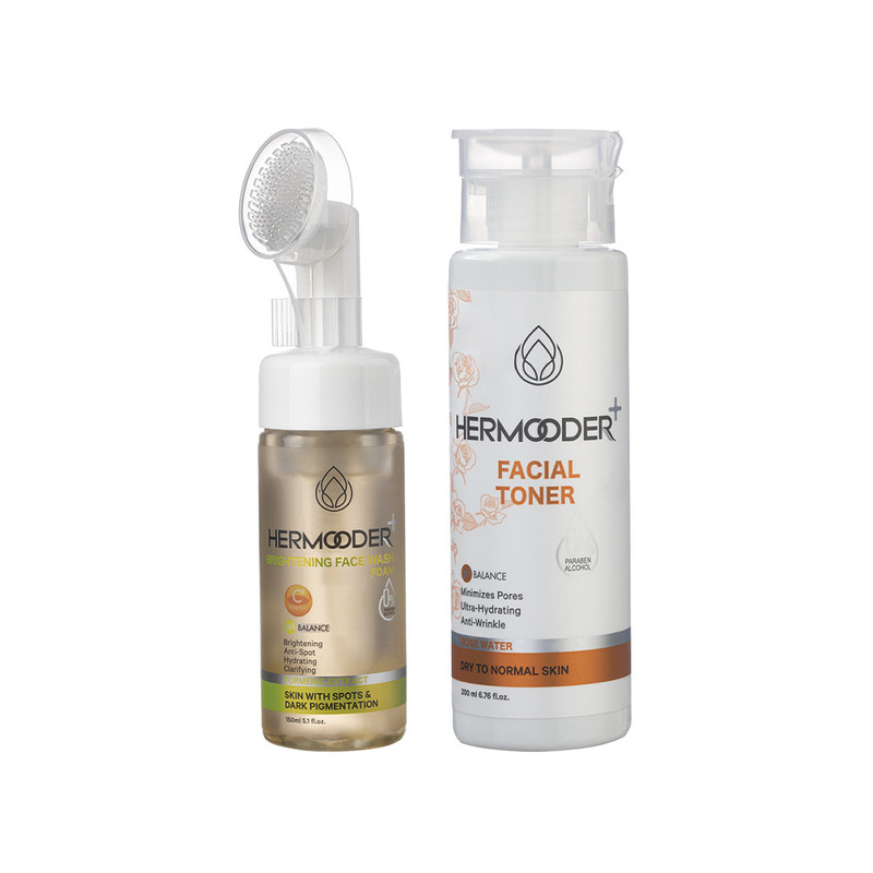 تونر صورت هرمودر مدل Rose Water مناسب پوست خشک تا نرمال حجم 200 میلی لیتر به همراه فوم شستشو مدل روشن کننده ( ویتامین C) مناسب برای انواع پوست حجم 150 میلی لیتر 