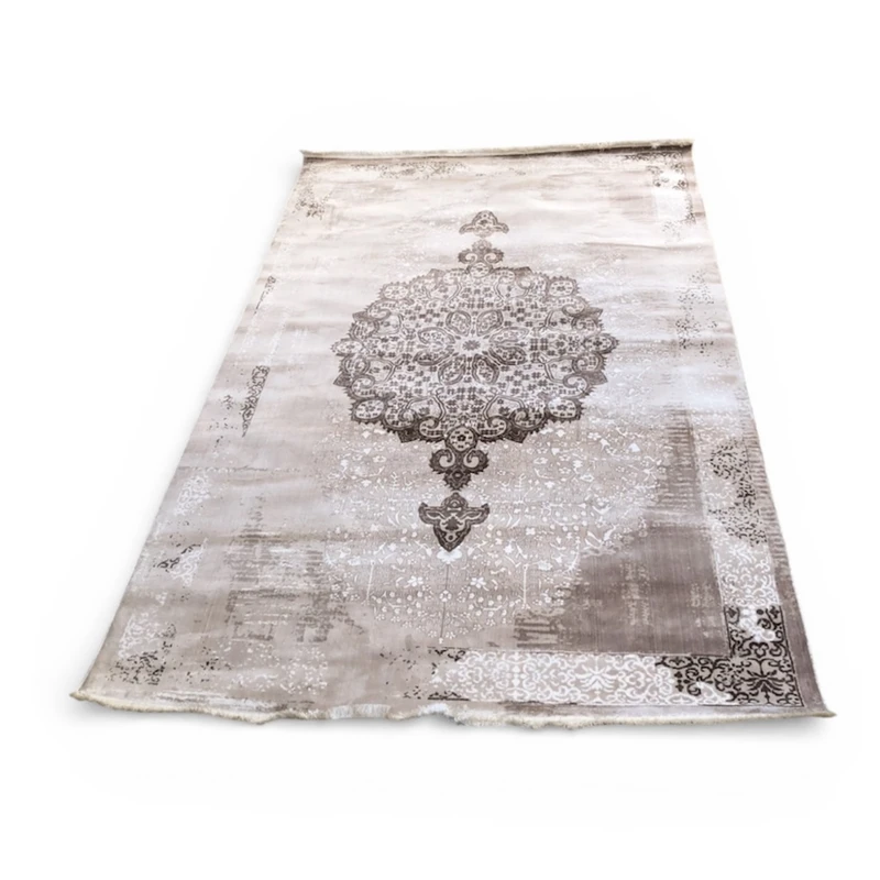 فرش ماشینی 500 شانه زمینه کرم - قهوه‌ای حاشیه کرم مدل وینتیج