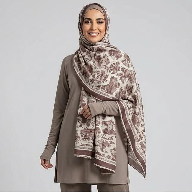 شال زنانه مدل ابریشم طرح جنگل کد Ab410