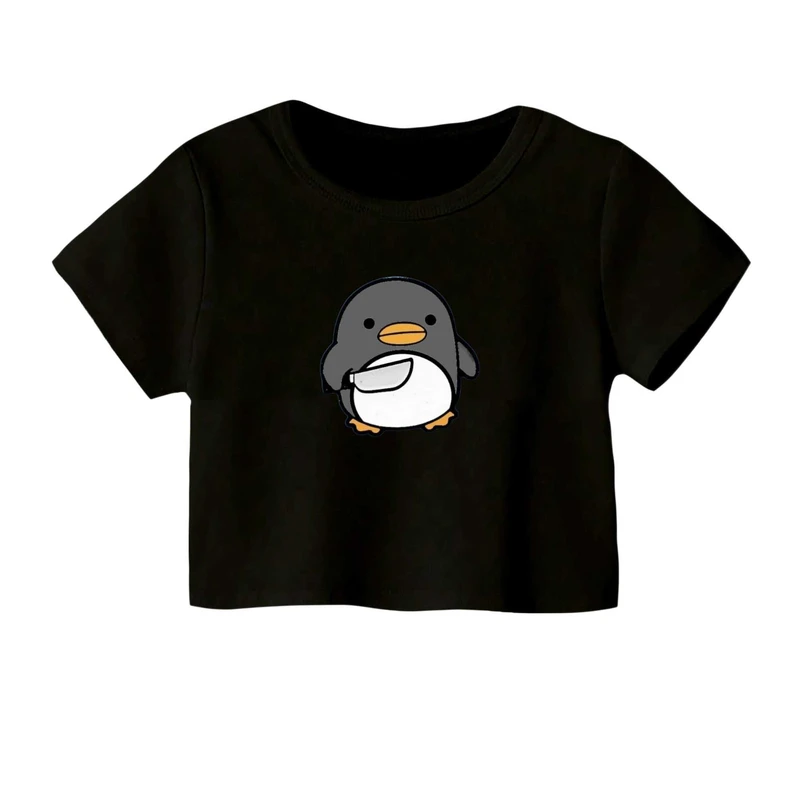 کراپ‌ تی‌شرت آستین کوتاه زنانه مدل پنگوئن عصبانی کد 1