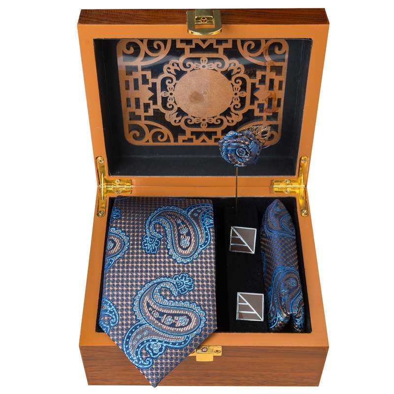 ست کراوات و دستمال جیب و گیره کراوات و دکمه سردست مردانه مدل GF-PA345RE-BR-BOX