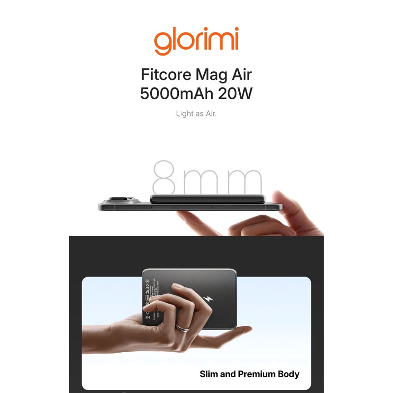 پاوربانک بی‌سیم 20 وات گلوریمی مدل FitCore Mag AIR ظرفیت 5000 میلی‌آمپرساعت به همراه کابل USB-C
