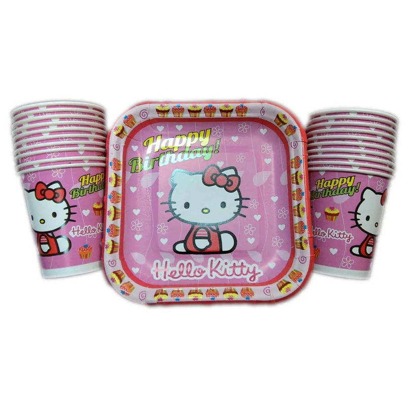 پیش دستی و لیوان یکبار مصرف مدل hello kitty مجموعه 40 عددی