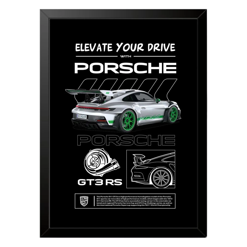 تابلو بکلیت طرح ماشین و خودرو پورشه PORSCHE 911 GT3 RS مدل b-po1567 فریم مشکی