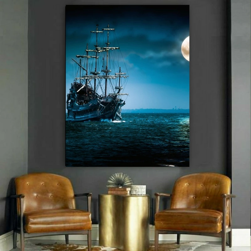  پوستر طرح مخمل کشتی روی دریا مدل شب کد FP104919