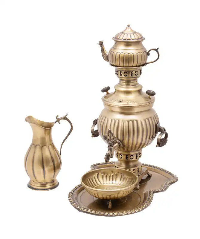 سرویس سماور ذغالی 5 پارچه برنجی مدل توپی کد 21569