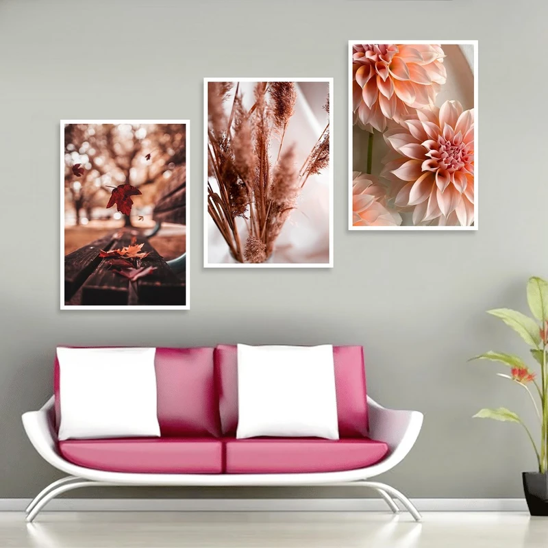 تابلو بکلیت مدل طرح برگ پاییزی و گل صورتی W-1032  مجموعه 3 عددی