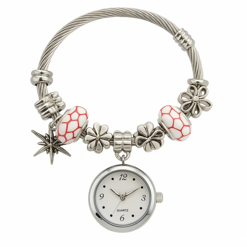 ساعت مچی عقربه‌ای کوارتز زنانه مدل لوکس مینیمال بند النگویی آویز دار کد ۲