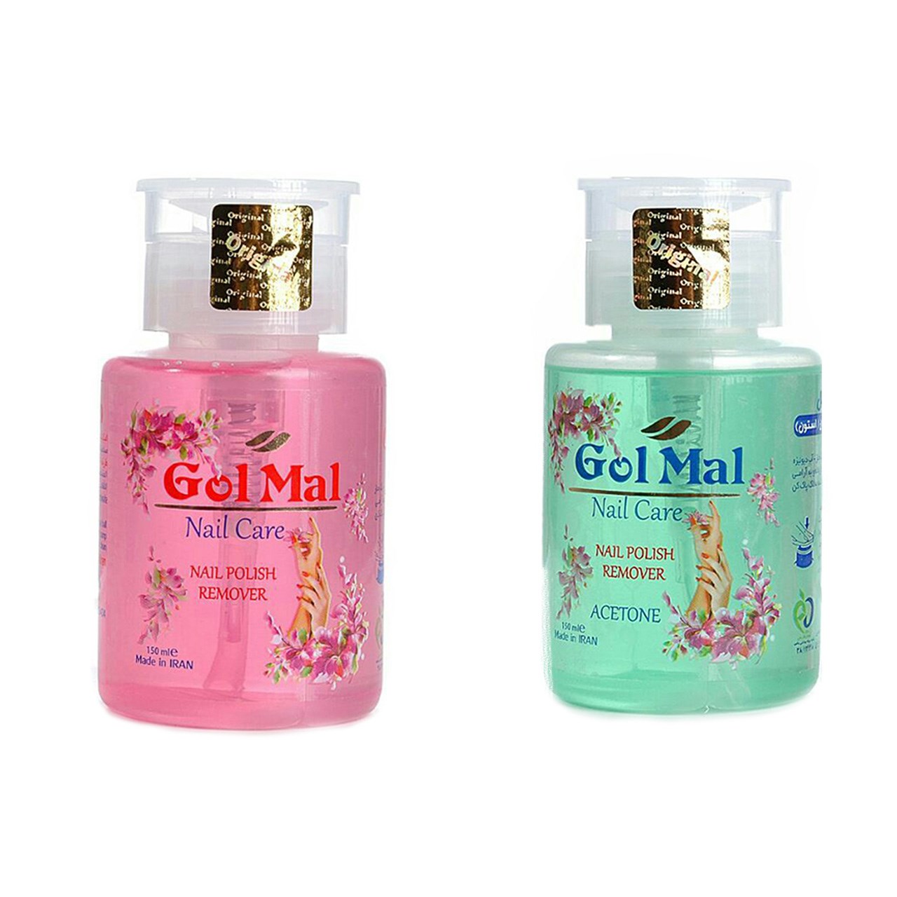 پک 2 عددی لاک پاک کن گل مل مدل پمپی  Nail Care به همراه لاک پاک کن پمپی حاوی استون با رایحه خوش گل مل حجم 2 عدد 300 میلی لیتر