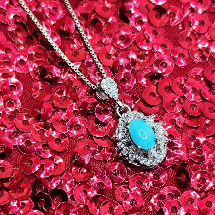 گردنبند نقره زنانه مدل فیروزه نیشابور آبکاری رادیوم کد 6770 - - 3