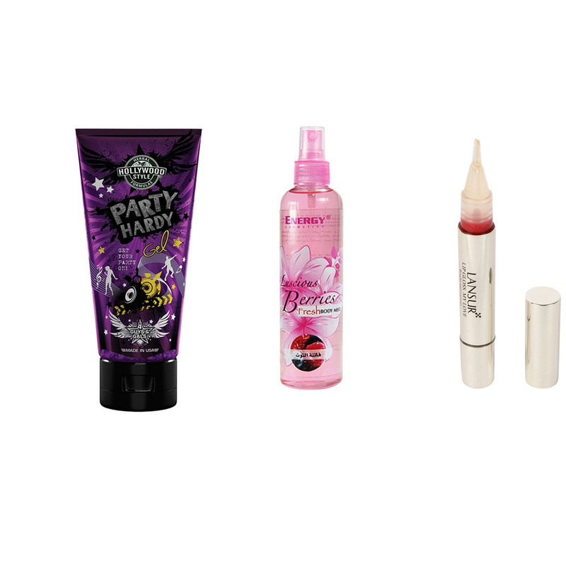 پک آرایشی استاویتا طرح 51 مجموعه 3 عددی: اسپری بدن انرژی مدل Lusciaus Berries حجم 200 میلی لیتر و ژل براق کننده و چسبنده تیوپیHollywood Style و لاک لب لنسور سری My Love شماره 03