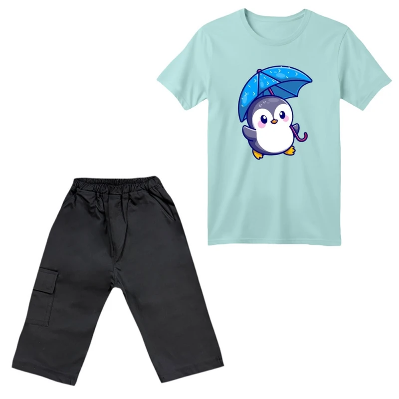 ست تی‌شرت آستین کوتاه و شلوارک پسرانه مدل پنگوئن کد ۵