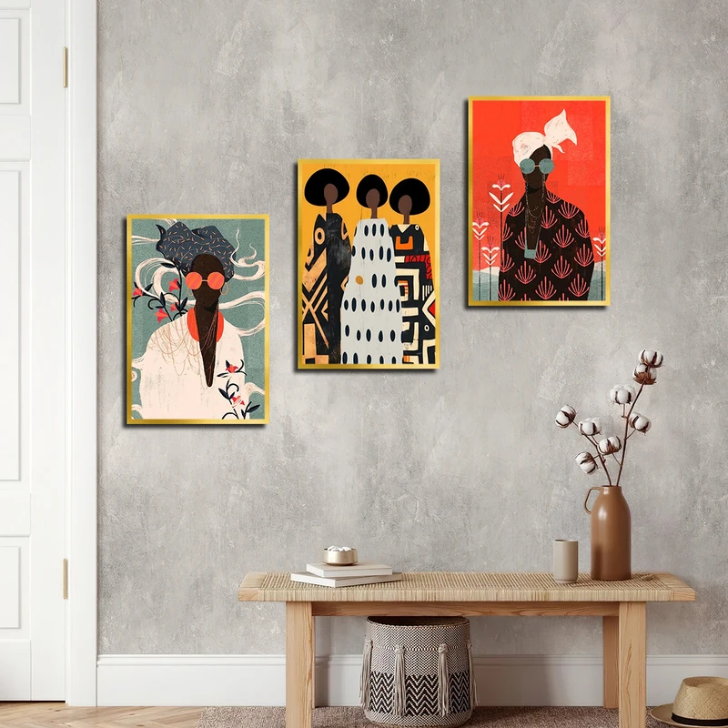 تابلو بکلیت طرح نقاشی چهره مدل T-3377 فریم طلایی مجموعه 3 عددی