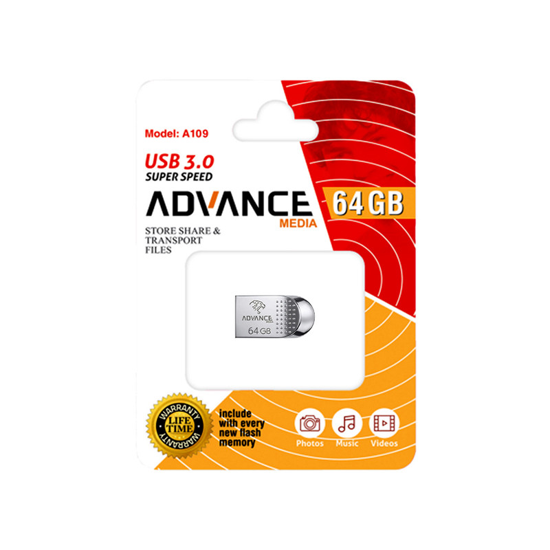 فلش مموری 64 گیگابایتی ادونس مدل A109، با رابط USB 3.0 Type-A، بدنه فلزی و طراحی بند انگشتی، سازگار با USB 2.0