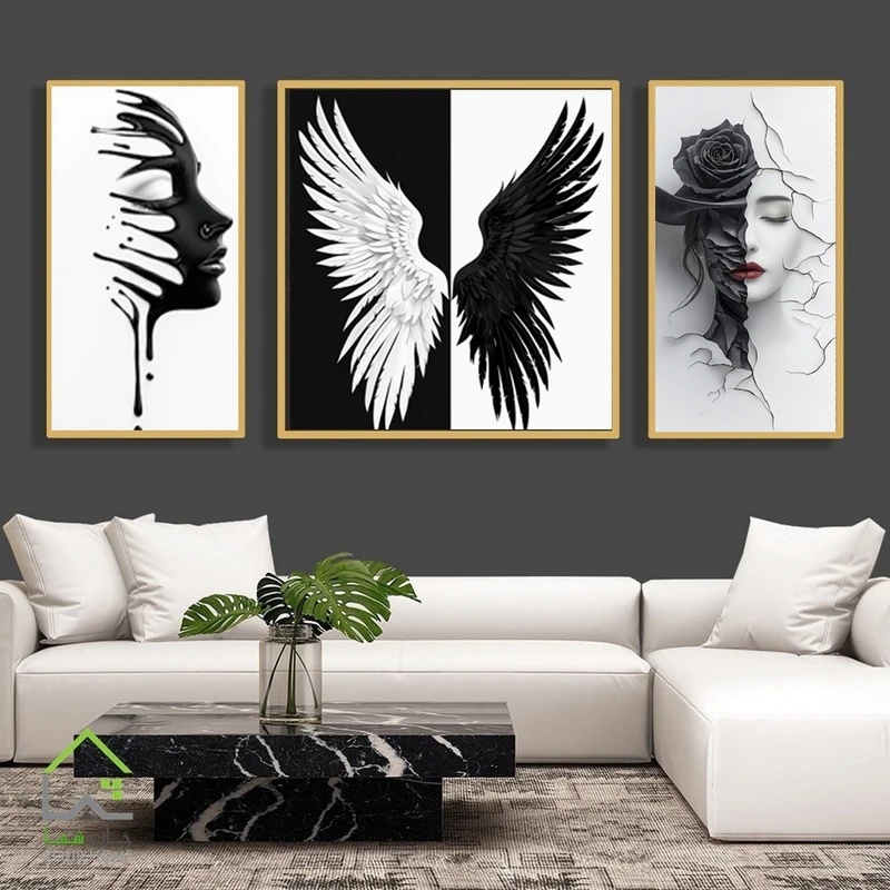 تابلو بکلیت طرح دختر و پر مدل BE-MR-1013 فریم بژ مجموعه 3 عددی