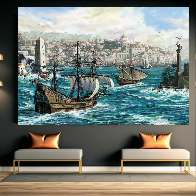 تابلو بوم طرح مخمل نقاشی بندر مدل کشتی کد GR1900