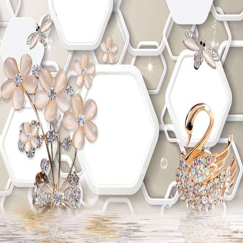 پوستر دیواری سه بعدی مدل زمینه هندسی شاخه گل قو نگینی DVRF2170