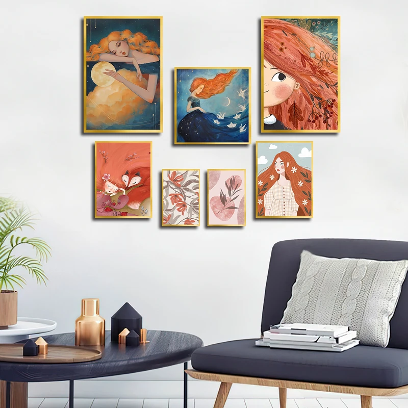 تابلو بکلیت طرح نقاشی انیمه و دخترانه مدل T-3853 فریم طلایی مجموعه 7 عددی