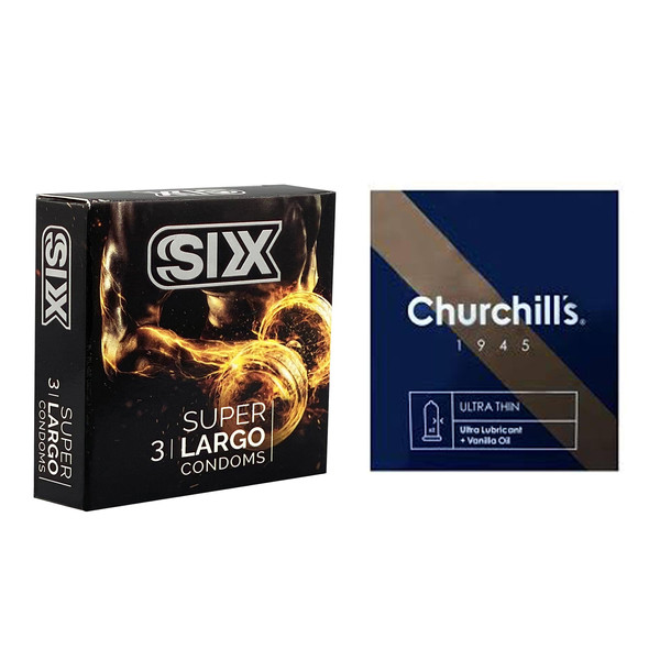 کاندوم چرچیلز مدل Ultra Thin بسته 3 عددی به همراه کاندوم سیکس مدل سفت کننده و بزرگ کننده بسته 3 عددی