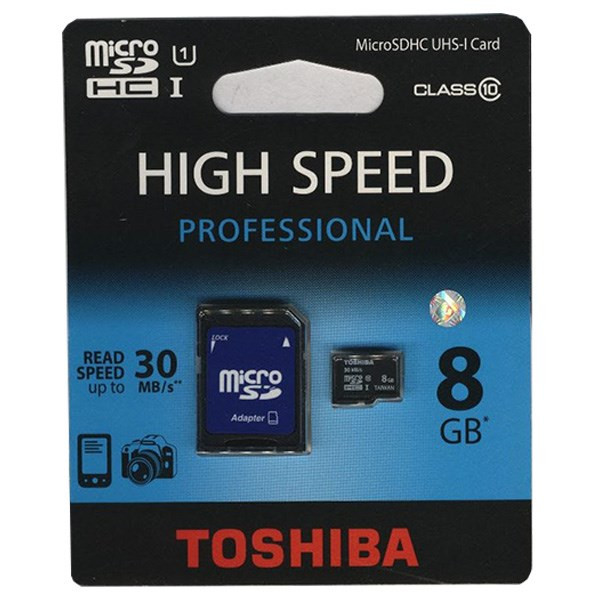 کارت حافظه microSDHC توشیبا مدل High Speed Professional کلاس 10 استاندارد UHS-I U1 سرعت 30MBps همراه با آداپتور SD ظرفیت 8 گیگابایت