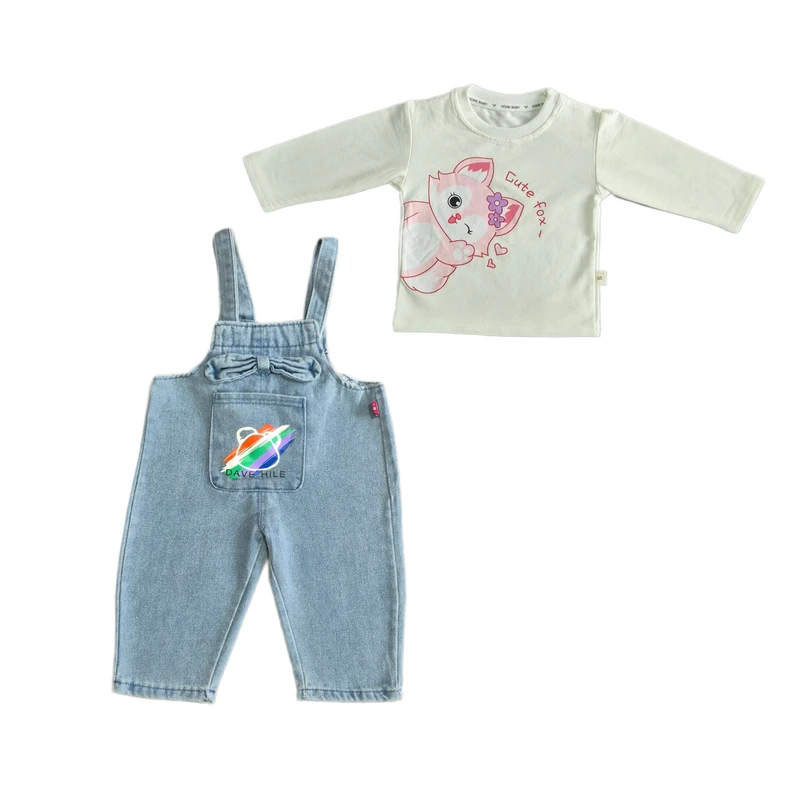 ست تی‌شرت آستین بلند و سرهمی دخترانه مدل ملوس