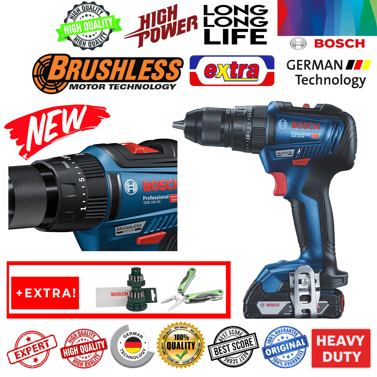 پیچ گوشتی شارژی چکشی بوش مدل حرفه ای بدون ذغال GSB 18v-50 + Extra