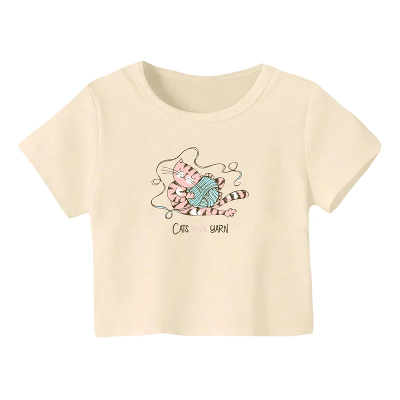 کراپ‌ تی‌شرت آستین کوتاه زنانه مدل گربه کد 21