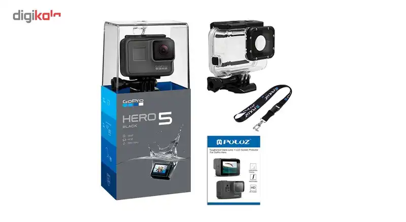 مجموعه دوربین فیلم برداری ورزشی گوپرو مدل HERO5 Black Quick Stories همراه با قاب ضد آب لمسی و بند آویز و محافظ صفحه پلوز