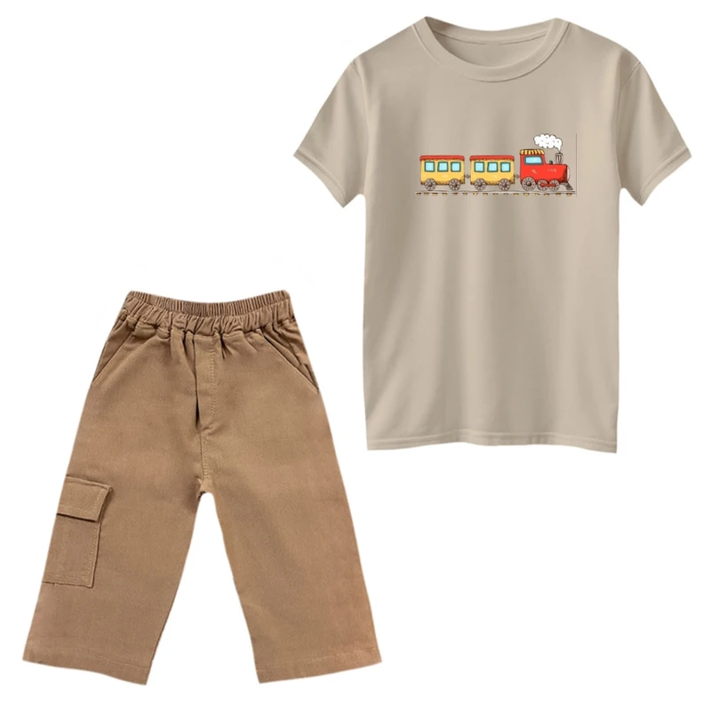 ست تی‌شرت و شلوارک پسرانه مدل قطار کد 4 رنگ کرم