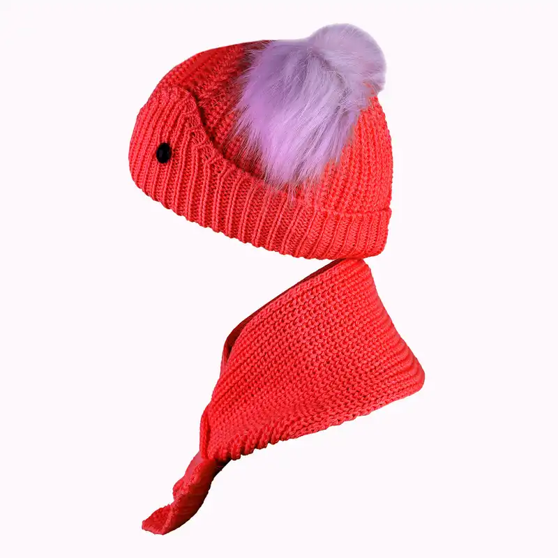 ست کلاه و شال گردن بافتنی بچگانه مدل داخل خز طرح عروسکی رنگ قرمز