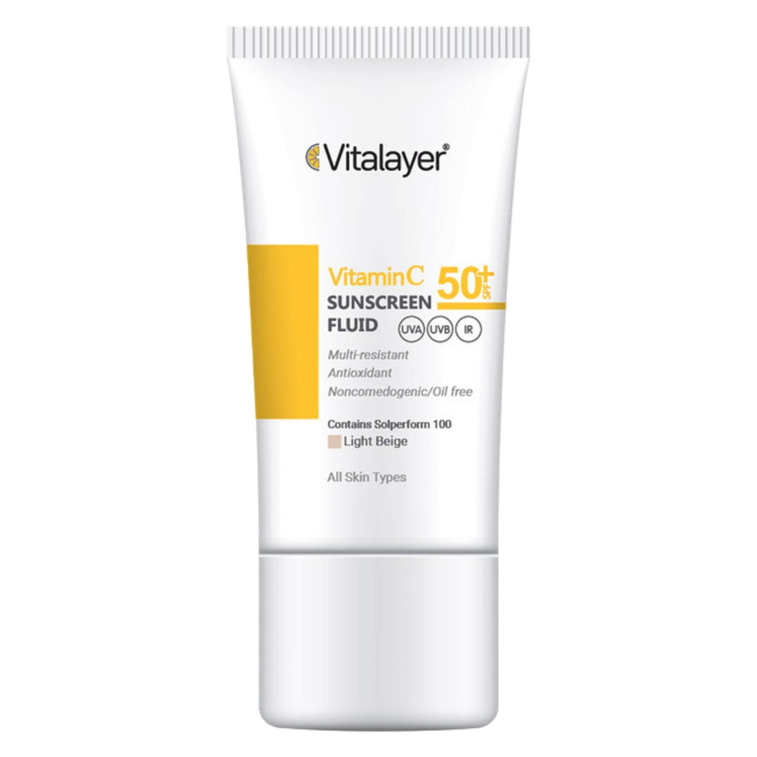 فلوئید ضدآفتاب رنگی ویتالیر، 50 SPF، مدل Vitamin C، مناسب انواع پوست تنالیته رنگ متوسط و حجم 50 میلی‌لیتر، ضد آب، محافظت کننده در برابر اشعه UVA، UVB، IR، آنتی‌اکسیدان، فاقد چربی و پارابن، ضد لک، آبرسان، دارای فرمولاسیون غیرکومدون‌زا، با ماندگاری 2 ساعته