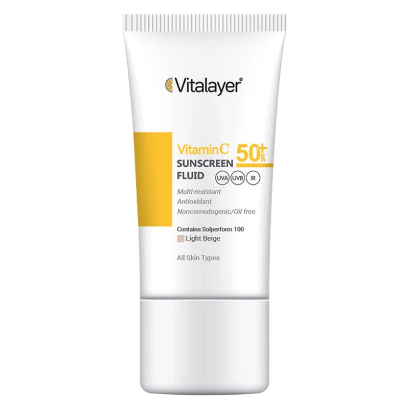 فلوئید ضدآفتاب رنگی ویتالیر، 50 SPF، مدل Vitamin C، مناسب انواع پوست تنالیته رنگ متوسط و حجم 50 میلی‌لیتر، ضد آب، محافظت کننده در برابر اشعه UVA، UVB، IR، آنتی‌اکسیدان، فاقد چربی و پارابن، ضد لک، آبرسان، دارای فرمولاسیون غیرکومدون‌زا، با ماندگاری 2 ساعته