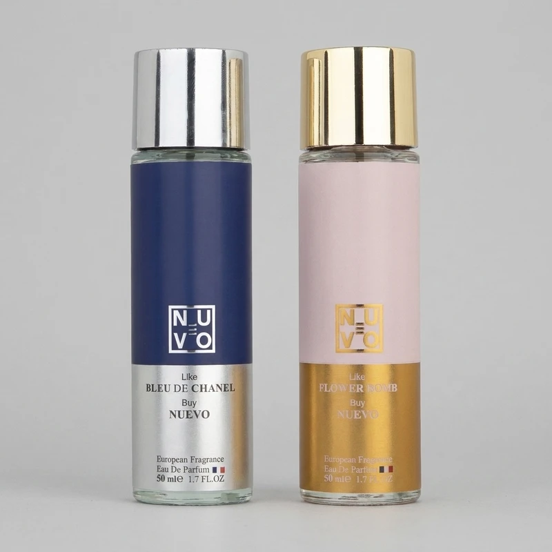 ست ادو پرفیوم مردانه نوئوو مدل BLUE DE CHANEL و ادو پرفیوم زنانه FLOWER BOMB حجم 50 میلی لیتر مجموعه 2 عددی 