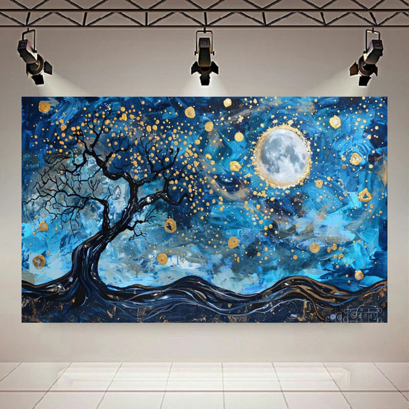 تابلو بوم طرح مخمل ماه کامل مدل ستاره های طلایی کد AR3058290