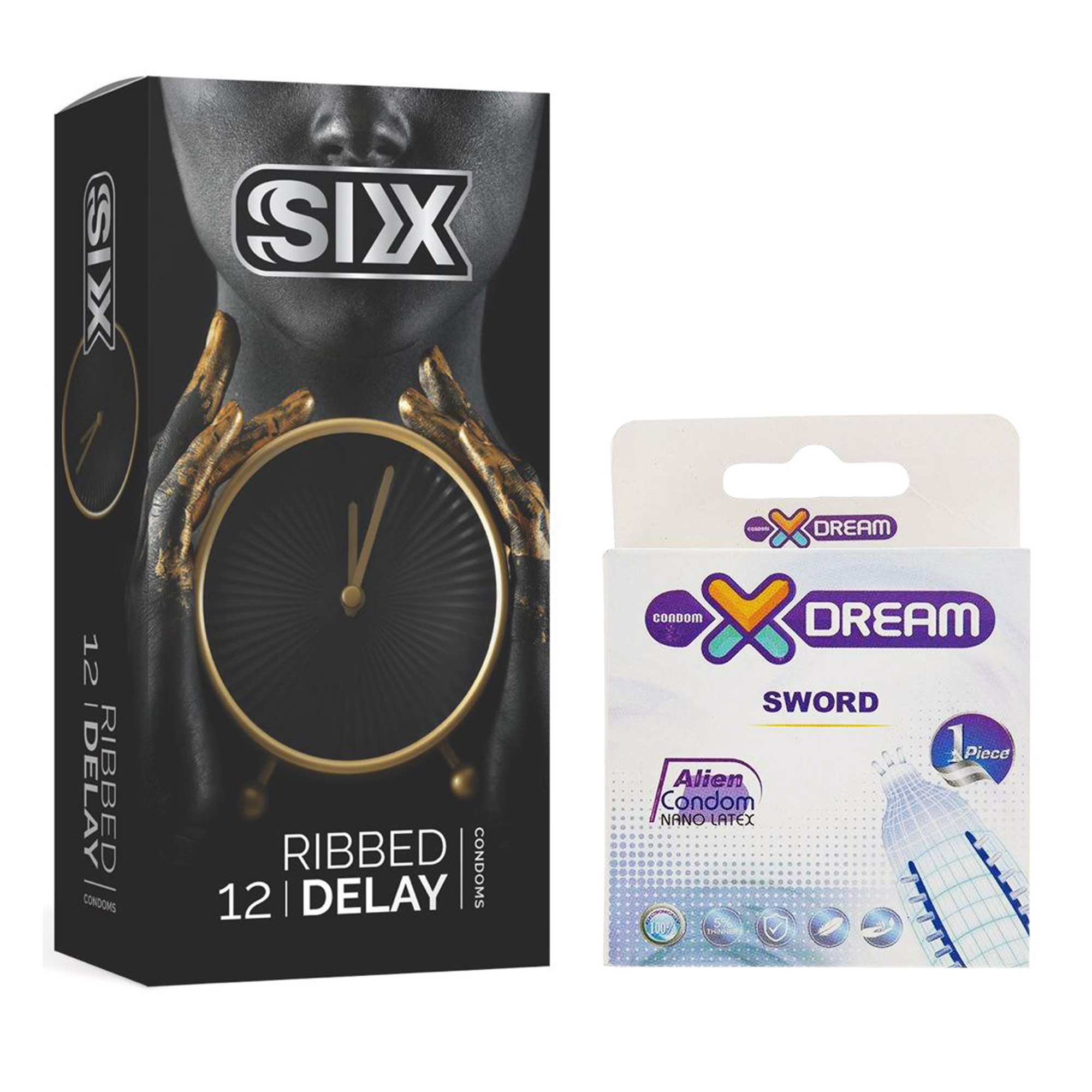 کاندوم سیکس مدل Ribbed Delay بسته 12 عددی به همراه کاندوم ایکس دریم مدل Sword