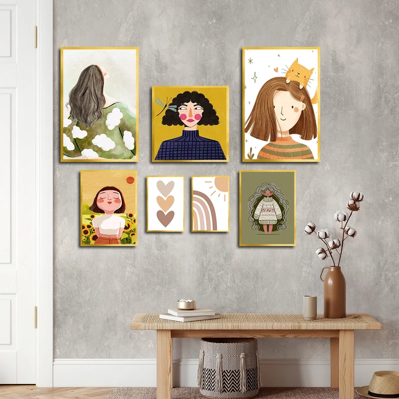 تابلو بکلیت طرح مدرن نقاشی مینیمال و دخترانه چهره مدل T-3683 فریم طلایی مجموعه 7 عددی