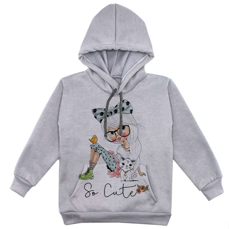 هودی دخترانه مدل دخترک F74 رنگ طوسی