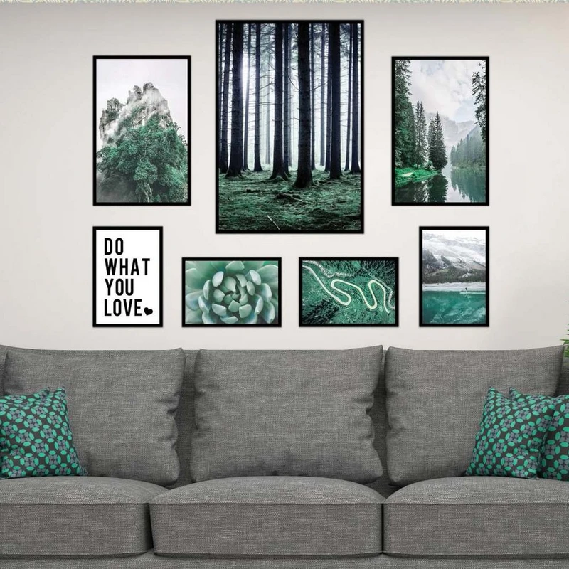 تابلو بکلیت طرح طبیعت و منظره جنگل مدل شاین اکلیلی B-2244 فریم مشکی مجموعه 7 عددی