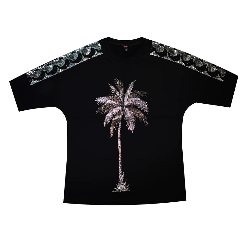 بلوز آستین سه ربع یقه گرد زنانه مدل نگین دار طرح نخل 