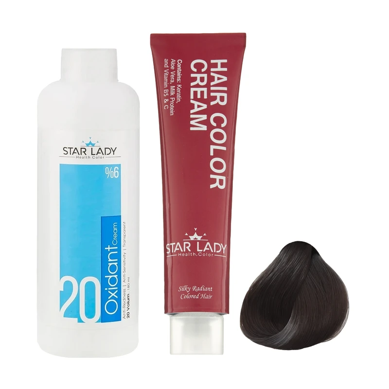 رنگ مو استارلیدی شماره 6.1 حجم 120 میلی لیتر رنگ بلوند خاکستری تیره به همراه اکسیدان استارلیدی مدل 20 شش درصدی حجم 180 میلی لیتر